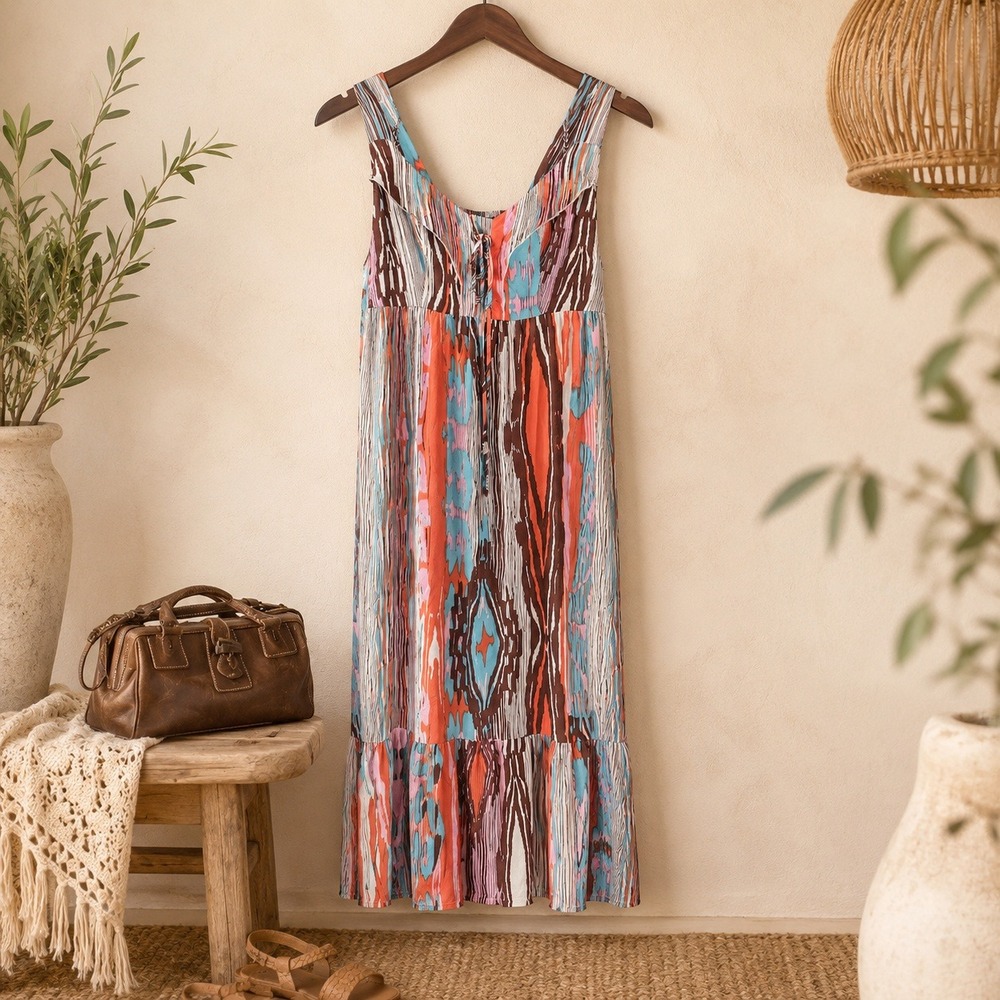 Antthony Boho Printed Sleeveless Midi Dress Orange Turquoise Small